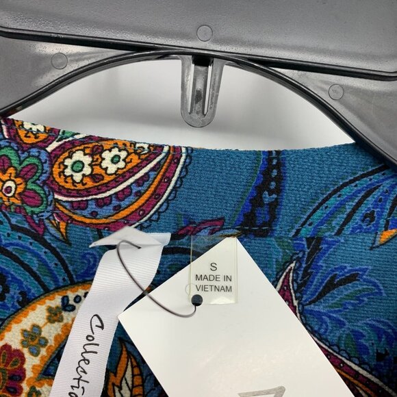 NY Collection Top Blue Floral Print Zip V Neck Roll Tab Sleeve - Picture 5 of 11